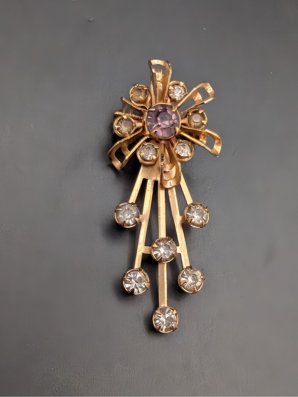 Vintage Gold Tone Amethyst Glass Clear Rhinestone Floral Starburst Brooch Pin